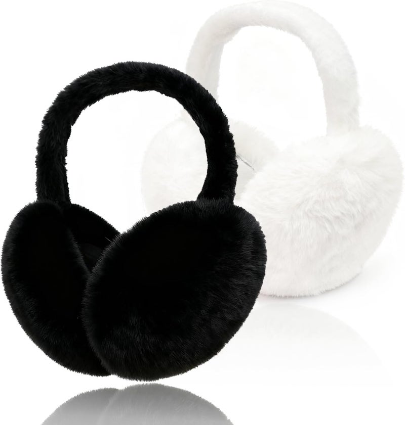 Cisnocr 2pcs Earmuffs for Women Winter White Black Fur Earmuffs Foldable Ear Warmer Soft Ear Covers - Image 1